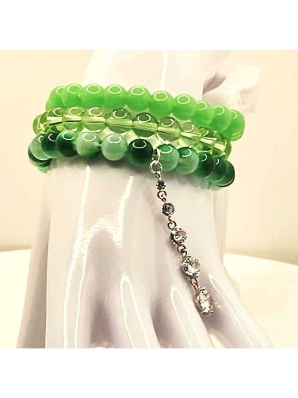 Green Bracelet Stack, Emerald Beaded Bracelet Set, Glam Bracelet Stack, Layered